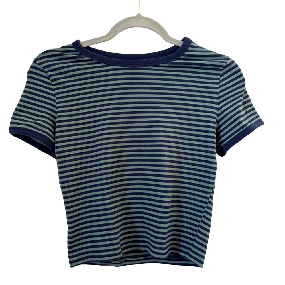 Navy Blue and Sage Green Striped Baby Tee from Hollister